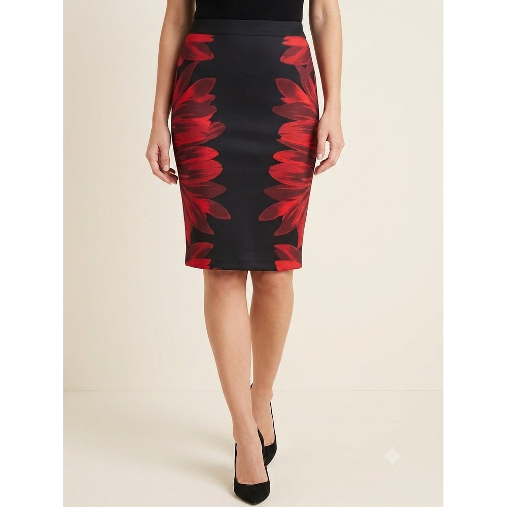 New York & Co Womens‎ Bold Red Floral Black Stretch Pencil Skirt Knee Length M